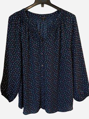 Talbots Navy Anchor Print Button Blouse 3XL Plus Size Nautical Top